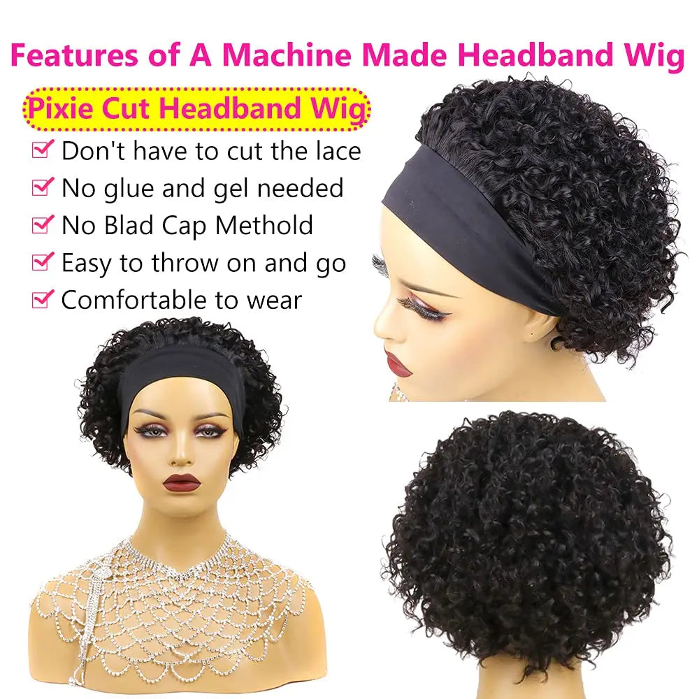 Headband Wig Human Hair Kinky Curly Wig Pixie Cut Wig Human Hair Wigs For Women Human Hair Curly Hair Perruque Cheveux Humain