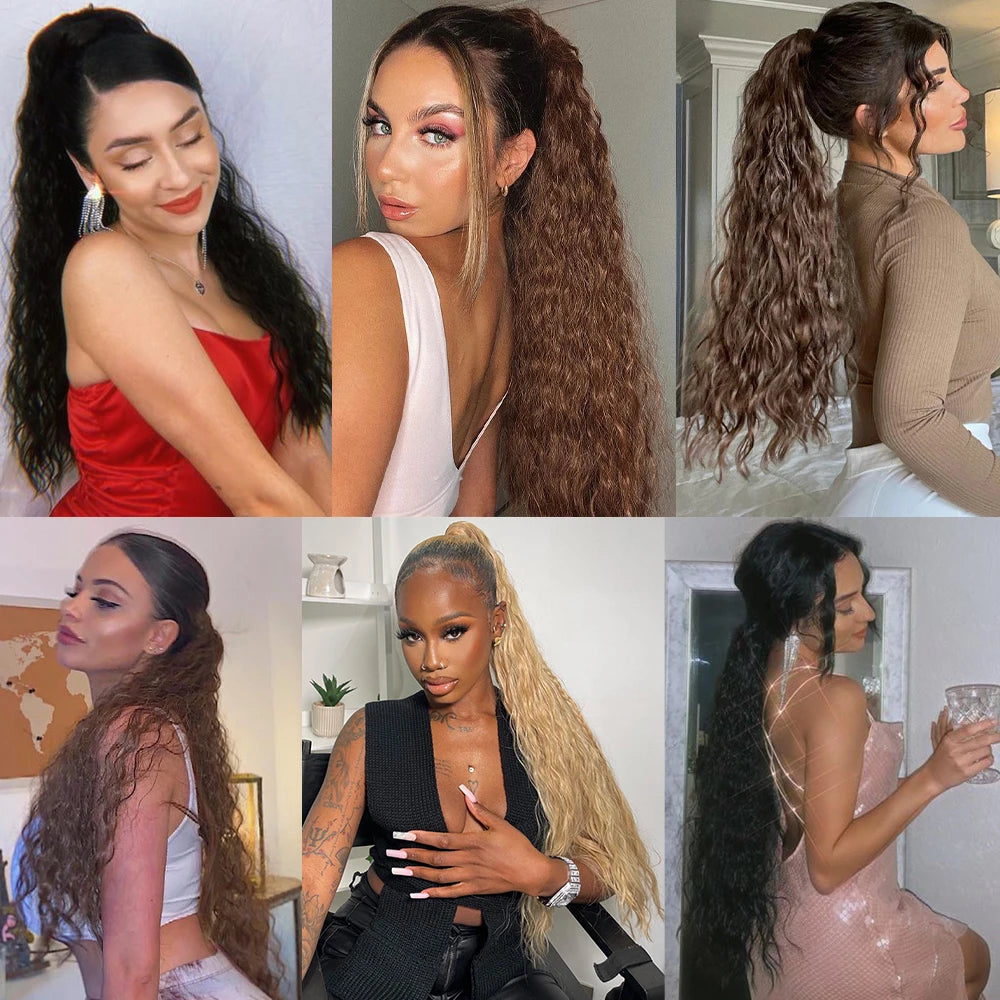 Synthetic Long Corn Wavy Ponytail Hairpiece 55 85cm Wrap Around Hair Clip in Black Ombre Blonde Ponytail Hair Extensions