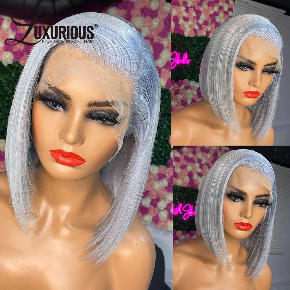 Silver Grey Short Bob Wigs Lace Front Human Hair Wigs For Women Transparent 613 Blonde Lace Frontal Wig Brazilian Remy Hair Wig