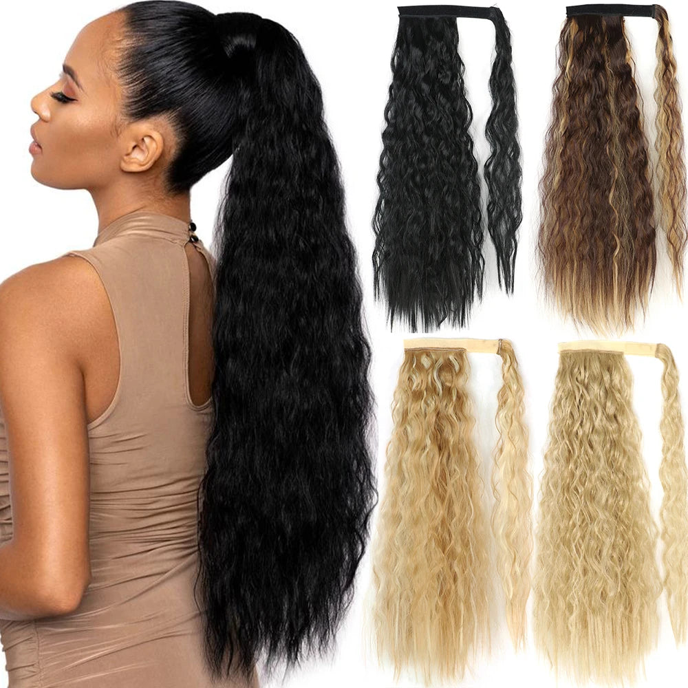 Synthetic Long Corn Wavy Ponytail Hairpiece 55 85cm Wrap Around Hair Clip in Black Ombre Blonde Ponytail Hair Extensions