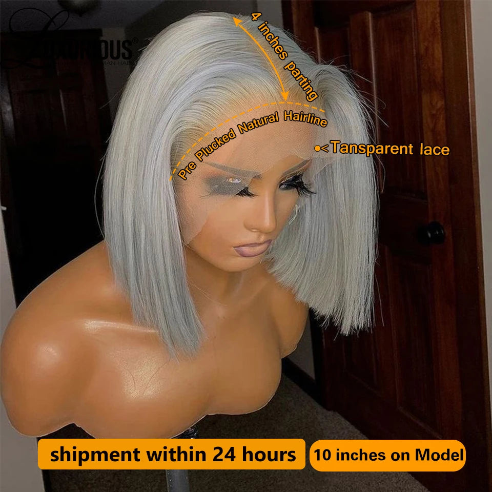 Silver Grey Short Bob Wigs Lace Front Human Hair Wigs For Women Transparent 613 Blonde Lace Frontal Wig Brazilian Remy Hair Wig