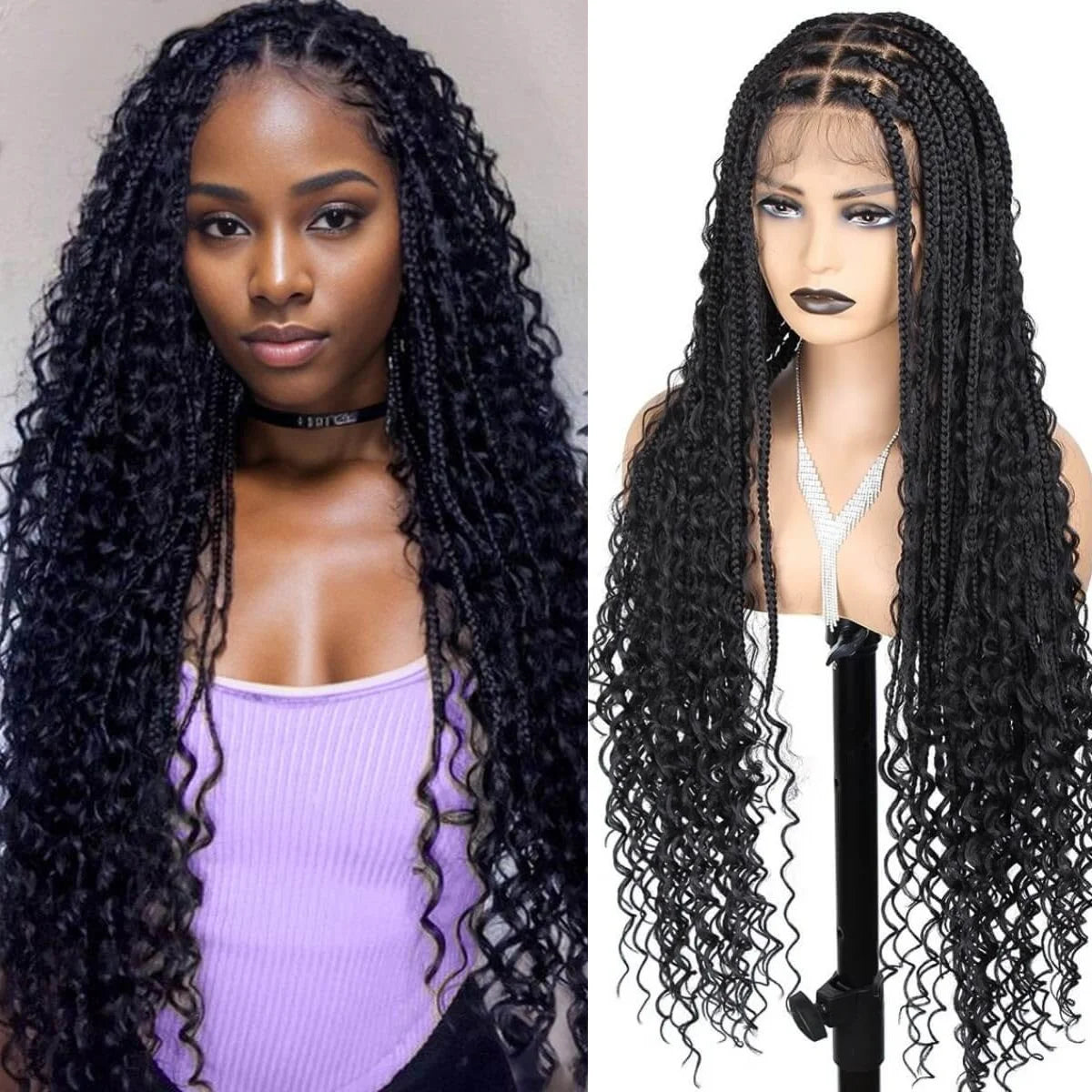 Synthetic Long Bohemian Braided Wigs Boho Box Braid Wigs for Black Women Twisted Braids Full Lace Braided Wigs with Baby Hair