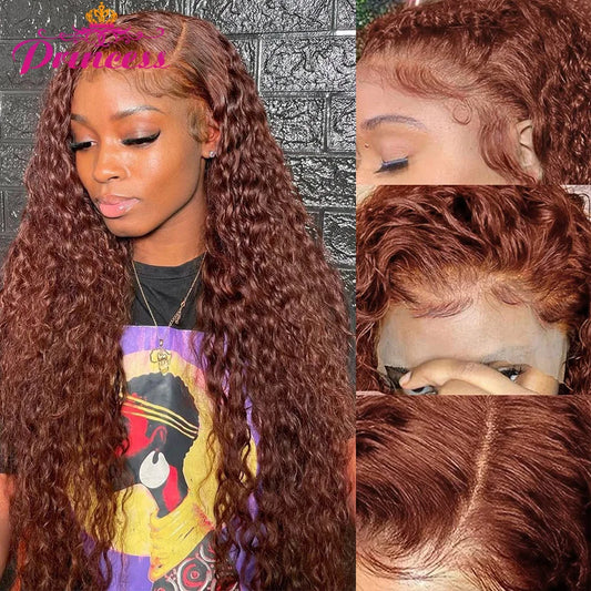 Princess 34 Inch Reddish Brown Deep Wave Frontal Wig 13x6 HD Lace Frontal Wig Colored Deep Wave 13x4 Lace Front Human Hair Wigs