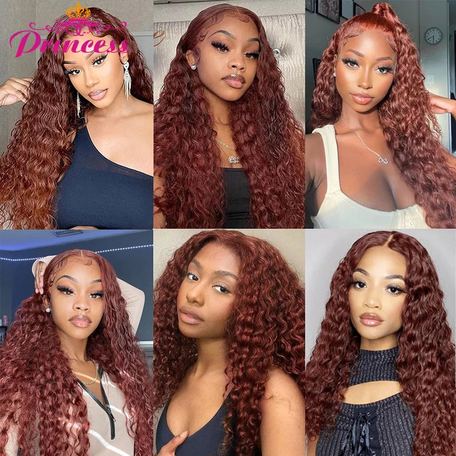 Princess 34 Inch Reddish Brown Deep Wave Frontal Wig 13x6 HD Lace Frontal Wig Colored Deep Wave 13x4 Lace Front Human Hair Wigs