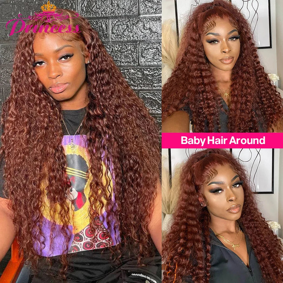 Princess 34 Inch Reddish Brown Deep Wave Frontal Wig 13x6 HD Lace Frontal Wig Colored Deep Wave 13x4 Lace Front Human Hair Wigs