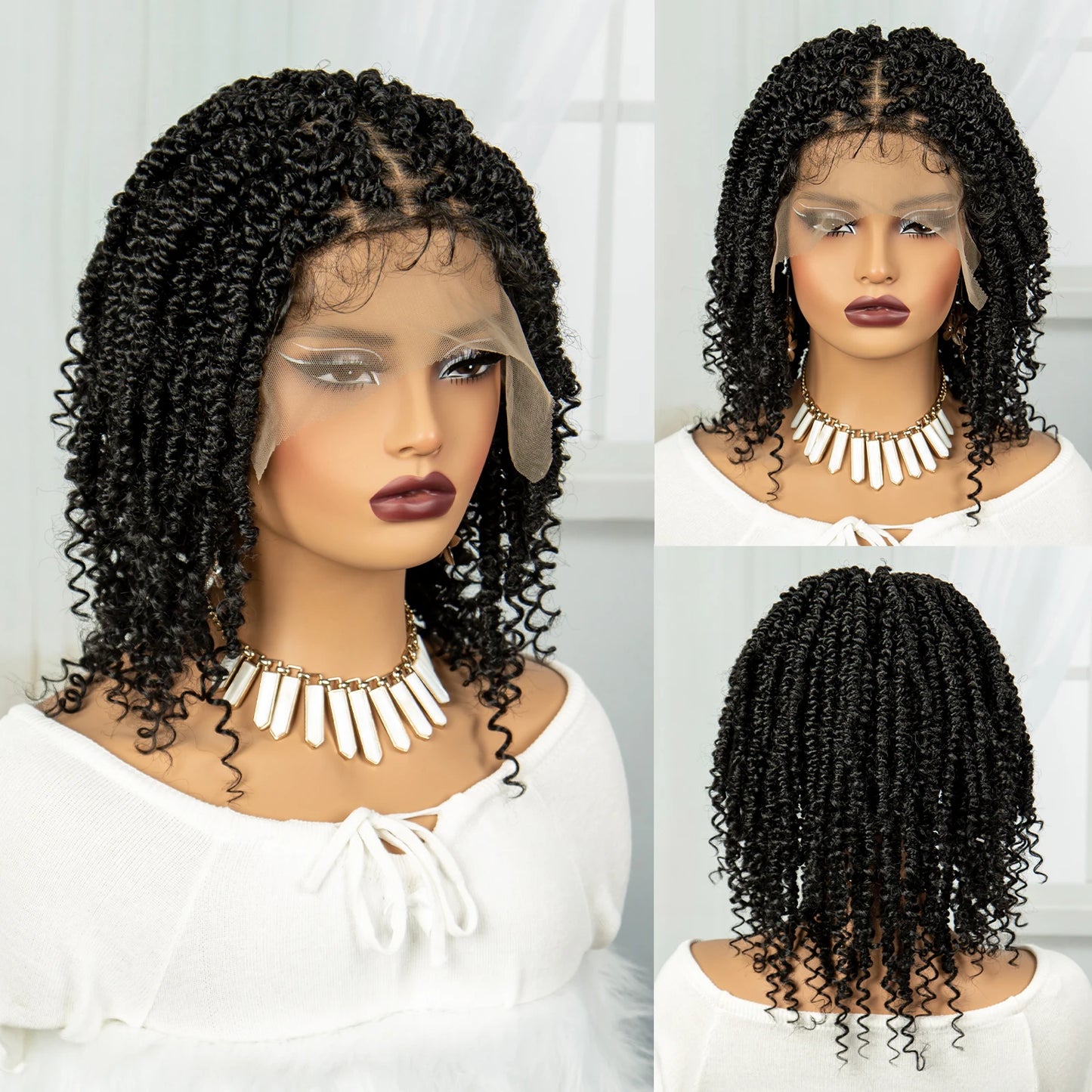 Knotless Box Braided Wigs Short Twist Braided Bob Wigs Synthetic Lace Front Braids Wigs with Curly Ends Handmade Braided Wigs