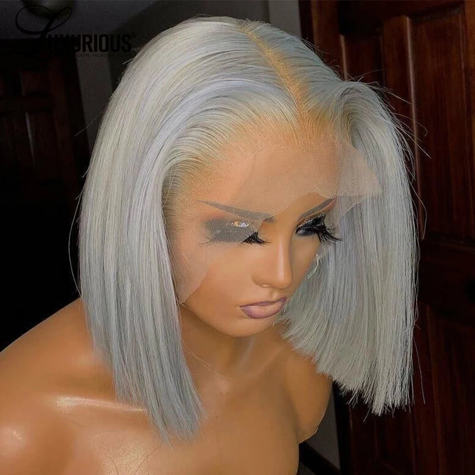 Silver Grey Short Bob Wigs Lace Front Human Hair Wigs For Women Transparent 613 Blonde Lace Frontal Wig Brazilian Remy Hair Wig