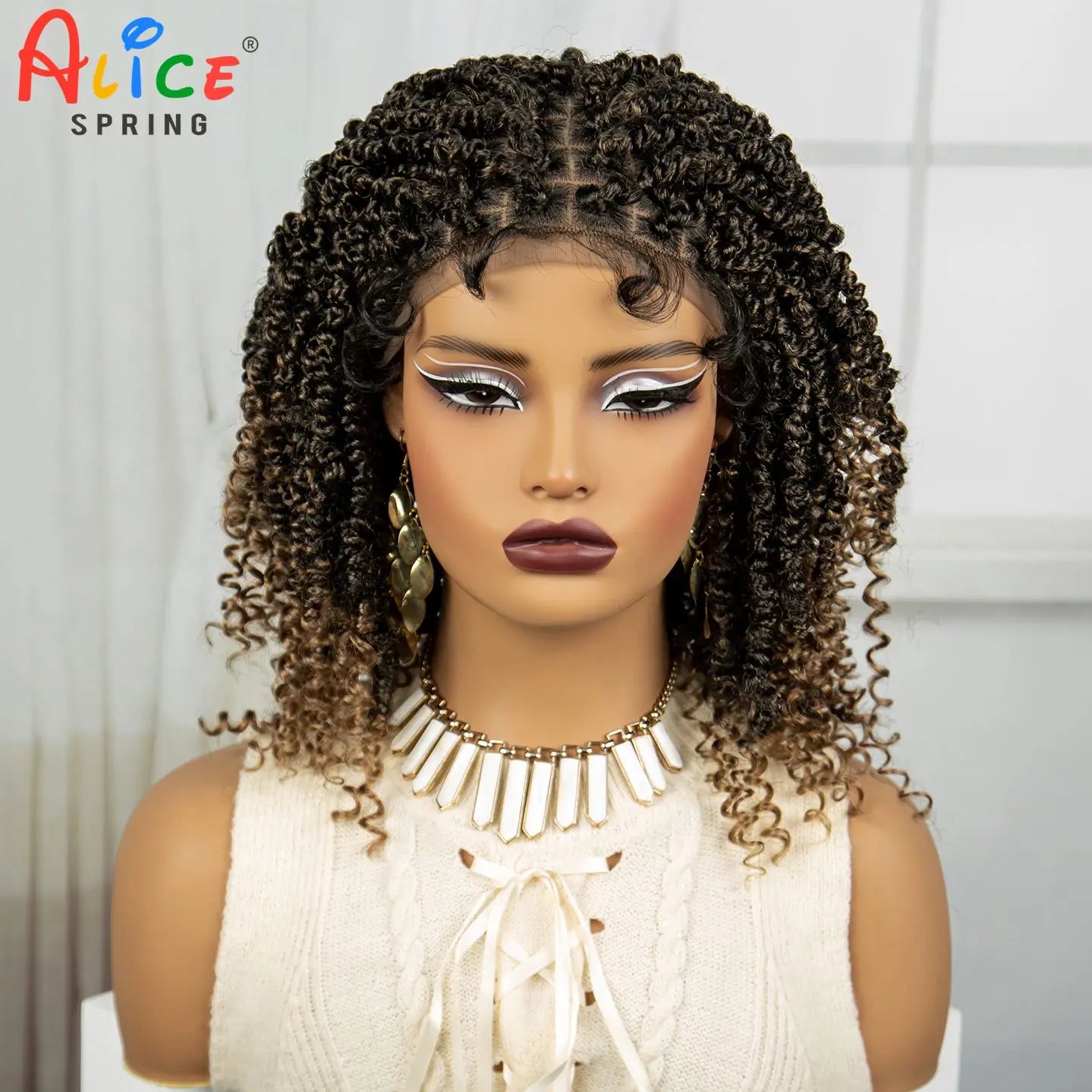 Knotless Box Braided Wigs Short Twist Braided Bob Wigs Synthetic Lace Front Braids Wigs with Curly Ends Handmade Braided Wigs