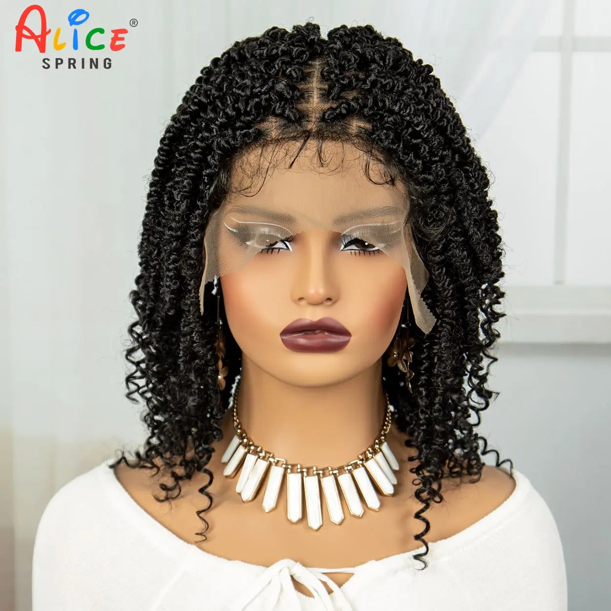 Knotless Box Braided Wigs Short Twist Braided Bob Wigs Synthetic Lace Front Braids Wigs with Curly Ends Handmade Braided Wigs