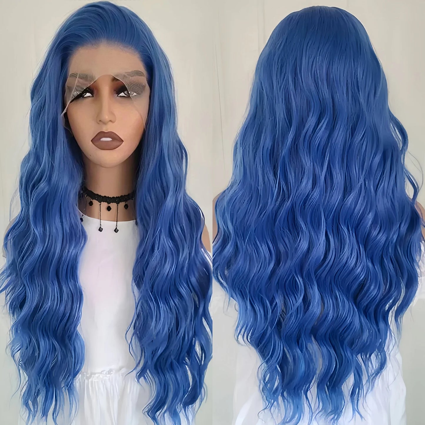 Dark Blue Wig Deep Wave Synthetic Hair Long Curly Lace Front Wig Natural Wavy Colored 13X4 Lace Frontal Wigs for Women Party