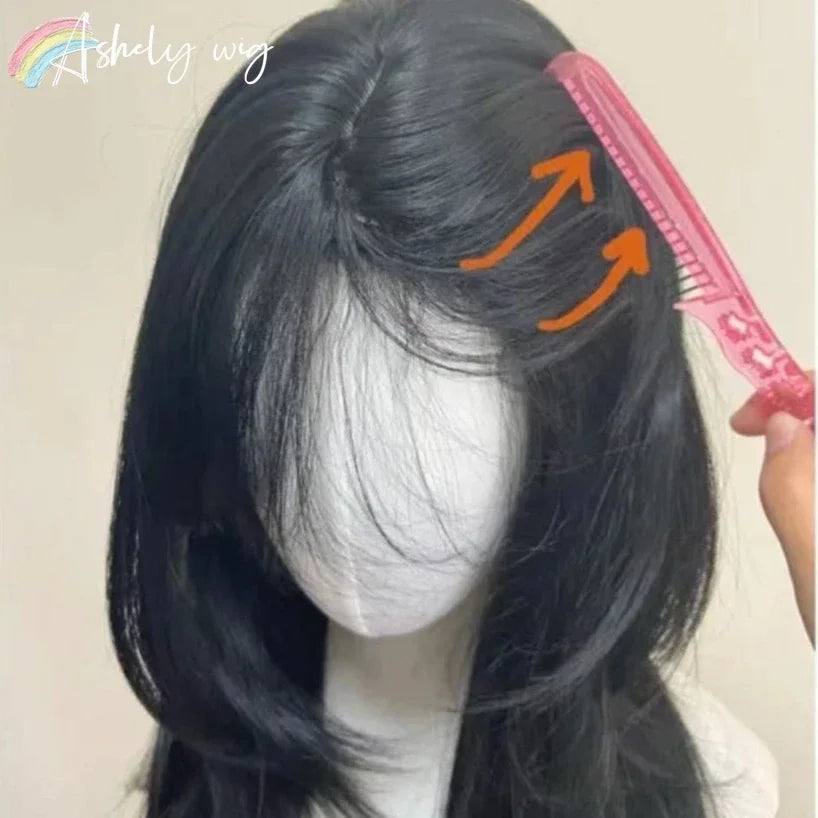Black Wig Female Headband Body Wavy Rose Hair Net Models in French Bangs High Level Simulation Hair Wig 가발