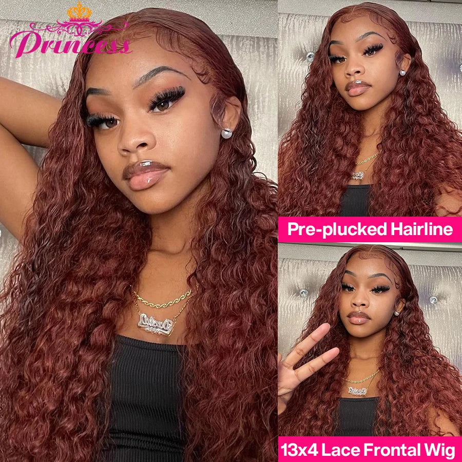 Princess 34 Inch Reddish Brown Deep Wave Frontal Wig 13x6 HD Lace Frontal Wig Colored Deep Wave 13x4 Lace Front Human Hair Wigs