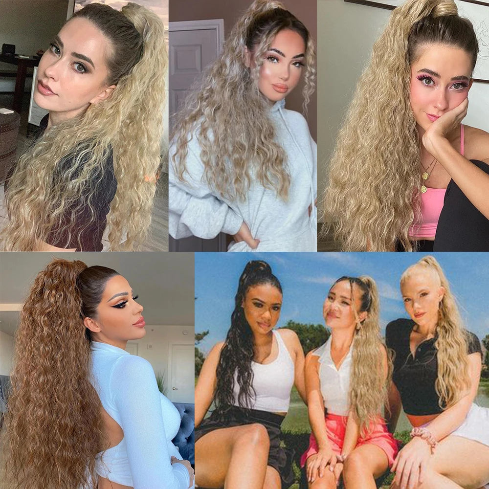 Synthetic Long Corn Wavy Ponytail Hairpiece 55 85cm Wrap Around Hair Clip in Black Ombre Blonde Ponytail Hair Extensions