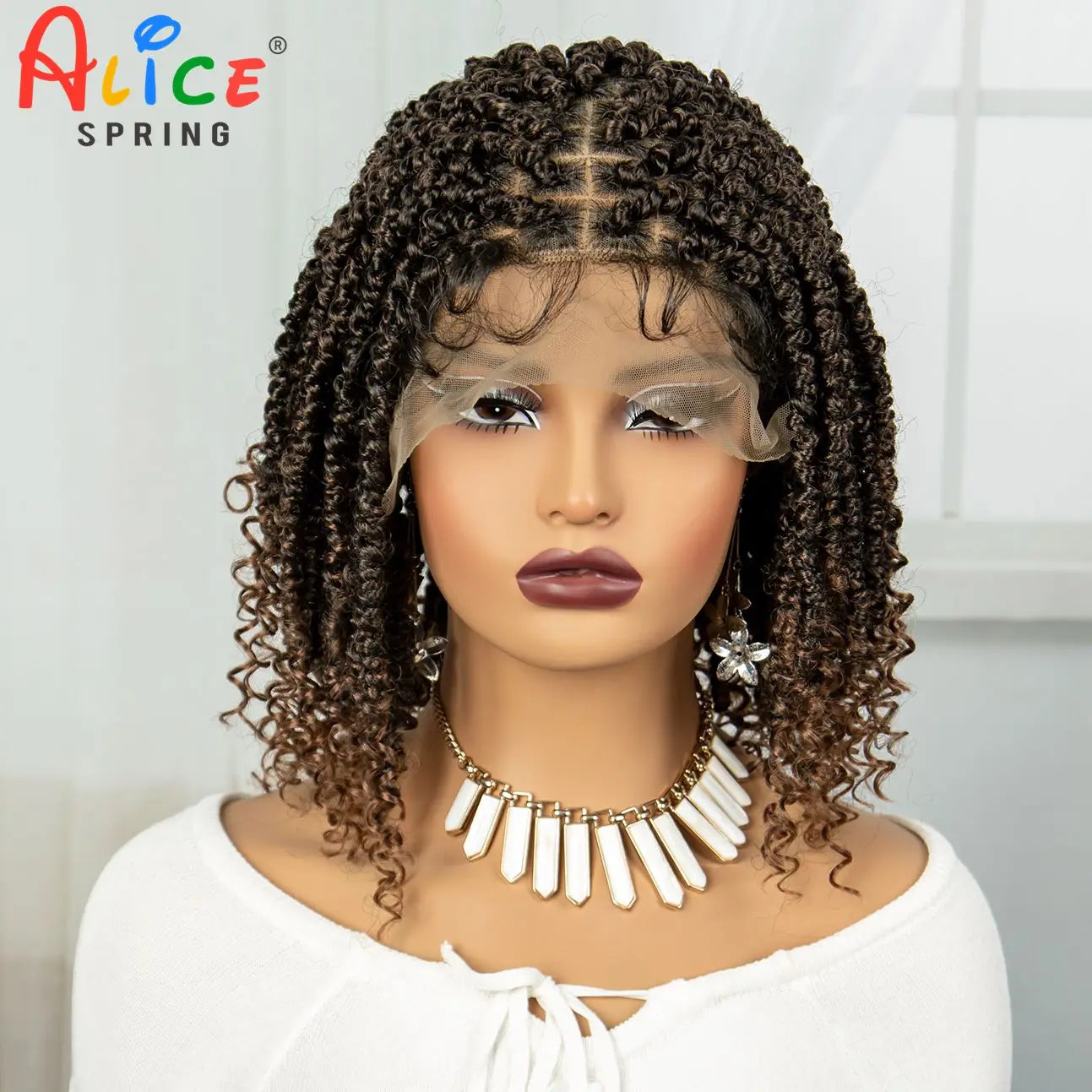 Knotless Box Braided Wigs Short Twist Braided Bob Wigs Synthetic Lace Front Braids Wigs with Curly Ends Handmade Braided Wigs